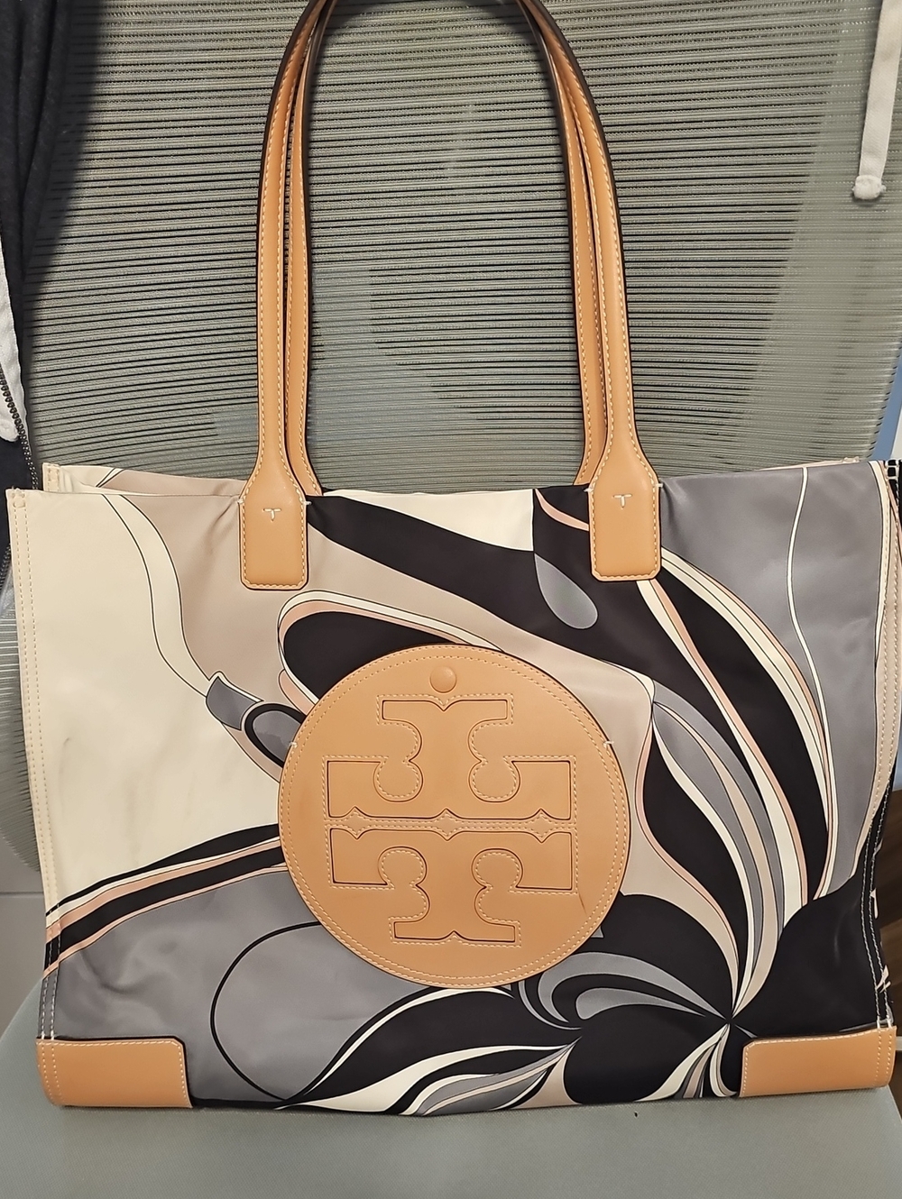 Tory Burch Multi-Color Graphic Logo Tote with Tan Trim